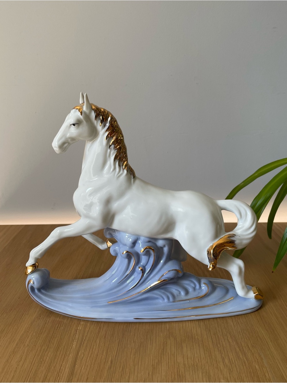 Elan Gallery England Ceramic Horse on Blue Wave Base Gold Accents